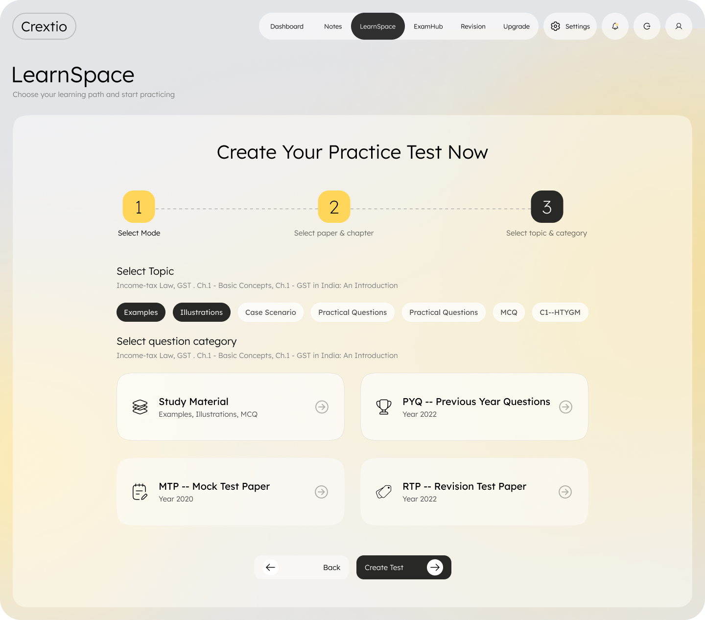 Crextio LearnSpace — build a practice test from your paper, chapter and topic